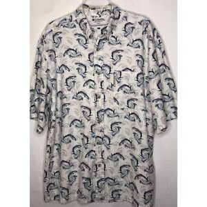 Columbia Fish Shirt Medium Short Sleeve Shirt Blue White Fish Casual Button